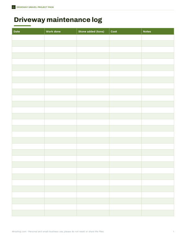 Preview of Printable Driveway Maintenance Log