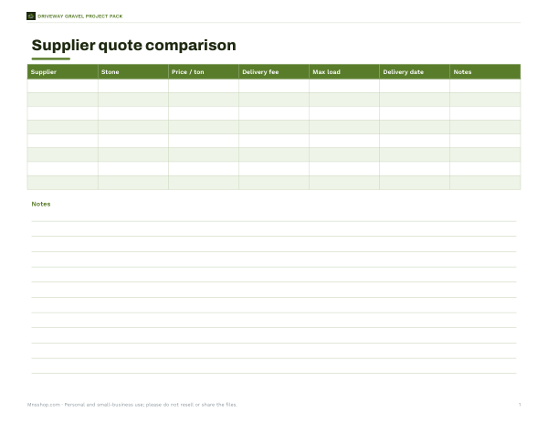 Preview of Printable Driveway Gravel Quote Comparison